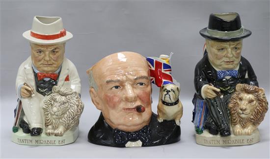 A Royal Doulton limited edition Winston Churchill characters jug and two Kevin Francis Churchill mugs